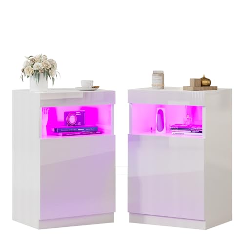 Amerlife CCT015 Modern Nightstand Set Of 2, Led Nightstand With Wireless Charging Station, High Glossy Bedside Table Cabinet With Remote Control, End Tables, 24.4 Inch Bedroom Furniture thumb #7