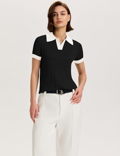 Image of Micoson Womens Short Sleeve Sweater Tops Lapel V Neck Polo Shirts 2026 Summer Cable Knit Loose Blouse Business Casual Outfits