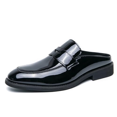 Mens Patent Leather Slip-On Dress Mule Sandals Summer Wingtip Backless Smoking Slippers Formal Business Party Half Loafers