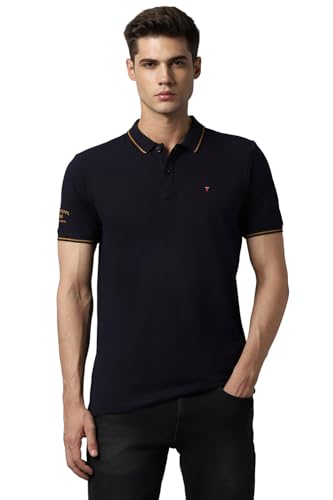 Louis Philippe Men’s Slim Fit Polo – Single‑Tuck Pique, Stylized Sleeve Print, Contrast Tipping – 59% OFF