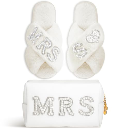 Image of Xtinmee Personalized Initial Wedding Bride Slipper Mrs Pearl Letter Makeup Bag Bachelorette Party Bridal Shower Wedding Gifts(S)