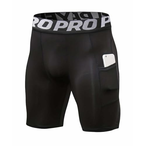 Lanbaosi Mens Compression Shorts with Phone Pocket Running Gym Yoga Athletic Tights Baselayer Summer Cool Dry Underwear Black