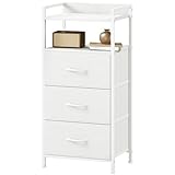 Somdot Nightstand with 3 Drawers, Dresser with Fabric Bins for Bedroom, Hallway, Entryway, Nightstand Bedside Table Furniture, Sturdy Steel Frame, Wooden Top, Easy Pull Fabric Bins, White Leather