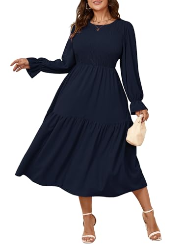 Image of SHESTARR Women's Plus Size Dress Long Sleeve Crewneck Smocked Tiered Flowy Boho Wedding Party Maxi Dresses