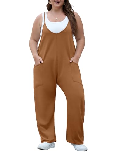 OLRIK Plus Size Rompers for Curvy Women Summer Adjustable Straps Jumpsuit Stretchy Wide Leg Long Pants Overalls with Pockets Beach Vacation Camel-3X