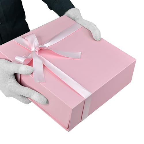 Image of RBS - Medium Cardboard Boxes for Packaging, 2.5m Ribbon (1 Pack) Hamper Boxes for Gift Empty (26 x 26 x 8cm) Gift Box Empty Gift Hamper Box Reusable Valentine Gift Boxes for Presents (Pink)