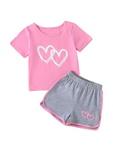 Image of Floerns Toddler Girls 2 Piece Outfit Heart Print Short Sleeve Tee Shirt and Track Shorts Set