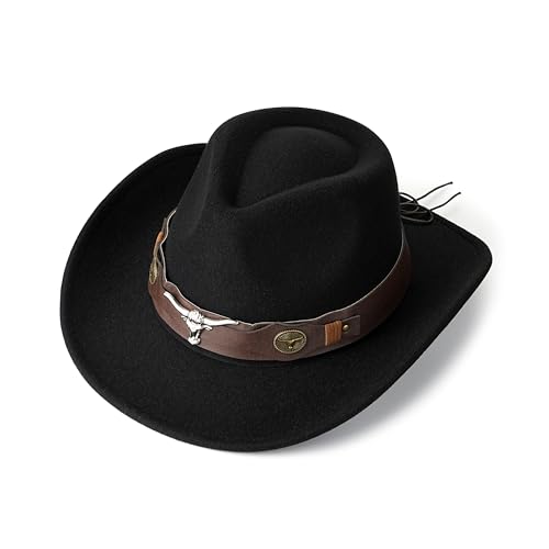 Btilasif Cowboy Hat for Women and Men Wide Brim Felt Cowgirl Hat Outdoor Fedora Hat Panama for Halloween Western Cowboy Party Costume Accessories Black