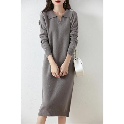 Niiyyjj Women Turn Down Collar V Neck Dresses 100% Merino Wool Knitted Pullover Dress Long Style Sweater4