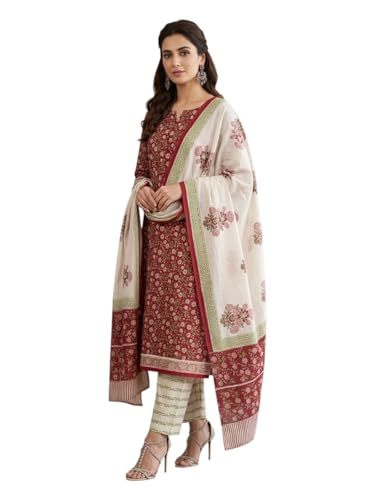 Image of Eddika women unstitched hand block printed cotton suit set with mulmul dupatta ehbpcswmd0120P