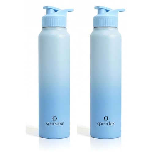 Image of Speedex Stainless Steel Metal Water Bottle 1 Ltr 1000 ml, BIS Approved, Leak Proof Sipper Cap Bottle for Office, School, Gym, Travel, Daily Use for Men, Women, Kids, Adults, Dual Blue, Set of 2