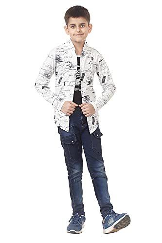 Image of Boys Full Sleeve Cotton Black Printed T-Shirt with Attached Yellow Jacket Shrug Look Smart and Comfortable for Any Casual and Festive Purpose