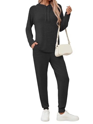 Famulily 2 Piece Womens Tracksuit Set Long Sleeve Hoodie & Ultra Soft Trousers Fall Winter Outfits with Pockets Black XL