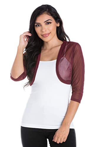 Image of Fashion Secrets Junior`s Sheer Chiffon Bolero Shrug Jacket Cardigan 3 /4 Sleeve (X Small, Burgundy /Wine)
