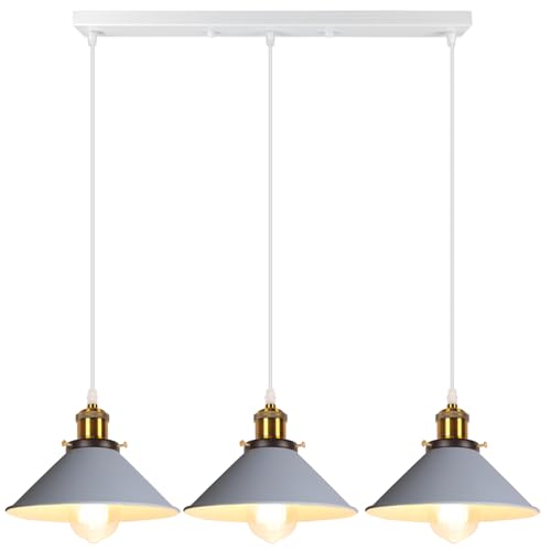 iDEGU 3 Luces Lámpara Colgante Vintage Lámpara de Techo Industrial Pantalla de Lámpara de Metal 22cm E27 Iluminación Colgante de Interior Retro para para Comedor Cocina Salón Café (Gris)