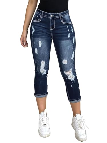 Flamingals Women's Capri Jeans Curvy Skinny Stretchy Butt Lifting Jeans Ripped Denim Jeans