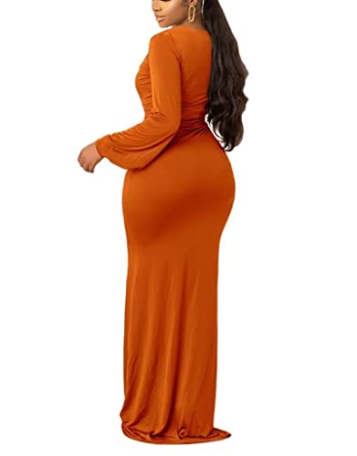 Women's Deep V Neck Maxi Dress Elegant Long Lantern Sleeve Gown Ruched Cocktail Mermaid Wedding Dresses Orange #TOP1