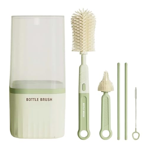 Cepillo Limpia Biberones, 6 En 1 Verde Traje Silicona Cepillo Limpia Botellas, Limpiador Biberones,con Cepillos Pezón, Cepillos Pajita, Caja de Almacenamiento,Sin BPA