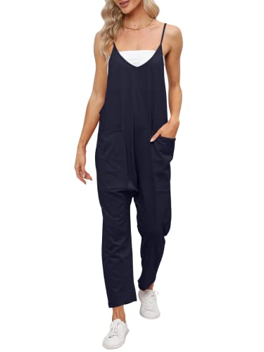 Image of DEEP SELF Women's Loose Casual V Neck Sleeveless Jumpsuits Adjustable Spaghetti Straps Harem Long Pants Overalls With Pockets