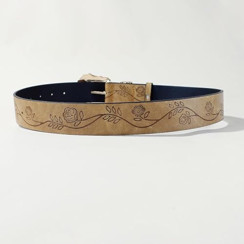 Women's Men's Western Floral Engraved Embossed Leather Belt - Novelty Filigree Buckle Strap for Daily Decoration(110cm/43, Brown)4