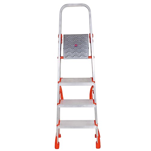 Image of BRANCO Heavy Duty Strong Durable Multipurpose Folding Ladder | Aluminium Safety Ladder with Anti-Slip Steps, Foldable Design, Platinum 4 Step Ladder for Home Use | Orange and Silver