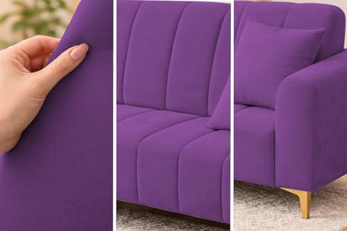Image of Casaliving Velour Modern Velvet Sofa, Tufted Design Upholstered 3 Seater Sofa Set for Living Room, (Purple Colour) Premium Velvet Fabric Sofa