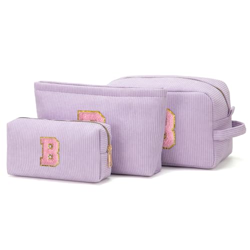 Makeup Bag Cosmetic Bag for Girls with Initial Letter Patch 3 Pieces Corduroy Travel Toiletry Make Up Brush Bag Pounch Organizer Preppy Things Cute Stuff Gifts for Teen Girls (Lavender B) La