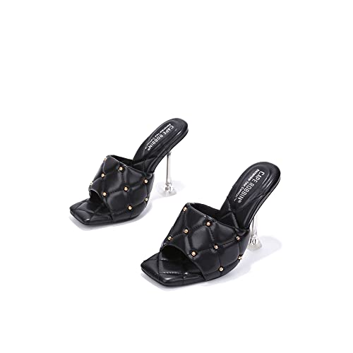 Cape Robbin Cecilla Sexy Quilted Stiletto High Heels for Women, Clear Slip On Heeled Mule Shoes with Balls Decoration - Black Size 103