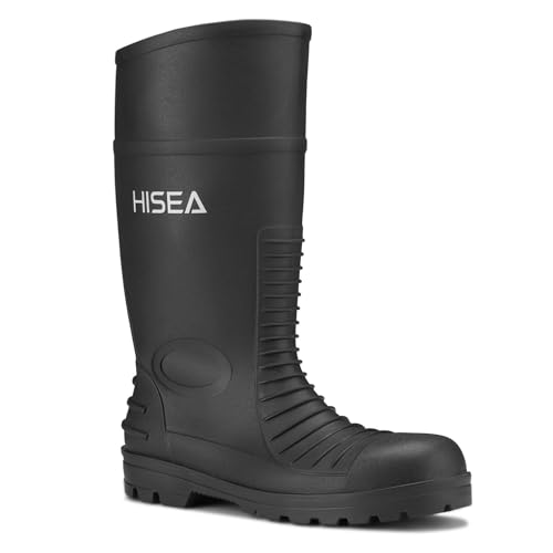 Image of HISEA Men's Steel-Toe Rain Boots, Rubber Boots Waterproof Slip Resistant | Garden Fishing Outdoor Work Boots, Durable Slip-Resistant Knee Boots for Farm Agriculture and Industrial Work