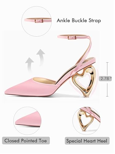 Image of Coutgo Womens Kitten Heels Closed Pointed Toe Heart Heel Ankle Strap Satin Pumps Wedding Prom Dress Valentine Shoes