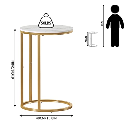 Function Home C Table End Table, C Shaped Sofa Side Table, Couch Tables That Slide Under, Snack Accent Table For Living Room Bedroom Small Space, White Faux Marble Top And Gold Metal Frame #TOP2