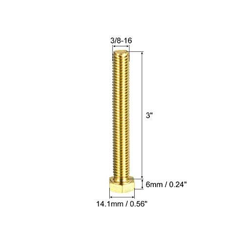 Image of uxcell Brass Hex Bolts, 3 /8-16x3 2pcs Fully Thread Grade 4.8 Solid Brass Hexagon Head Bolt Machine Screws for Machinery