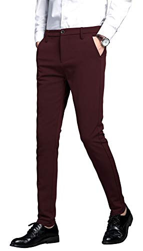 Plaid&Plain Men's Stretch Dress Pants Slim Fit Skinny Suit Pants 7101 Burgundy 40W30L