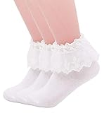 YASIDI Women Lace Ruffle Frilly Ankle Socks (3 Pairs-White)