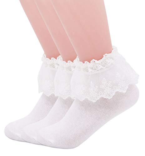 YASIDI Women Lace Ruffle Frilly Ankle Socks (3 Pairs-White)