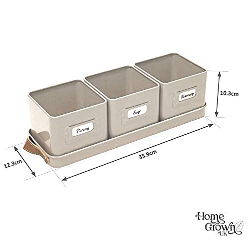 Herb Planter Pots, Set Of 3, With Name Cards And Drainage Tray, Indoor Metal Vintage French Square Enamel, For Kitchen Windowsill And Home Garden. (Battleship Grey) #TOP3