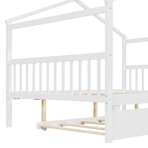 Image of Full Size Creativity House Bed with Roof Frame and Twin Size Trundle, Montessori Wooden Platform Bed with Sturdy Slats Support for Kids Teens Girls Boys, No Box Spring Needed (White-02, Full)