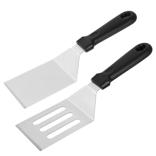 2 espátulas pequeñas de metal de acero inoxidable profesional para uso en cocina con mango resistente al calor, espátula para tortitas, huevos, parrilla, raspador