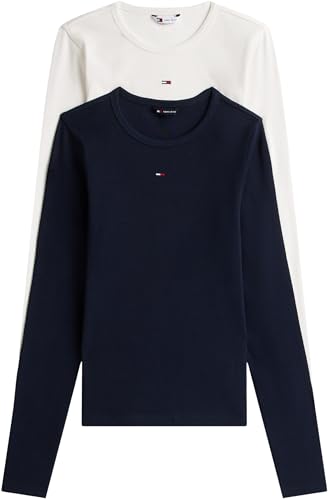 Tommy Jeans Donna Magliette Maniche Lunghe Confezione da 2 Slim Essential Rib Scollo Rotondo, Multicolore (Ecru/Dark Night Navy), XS
