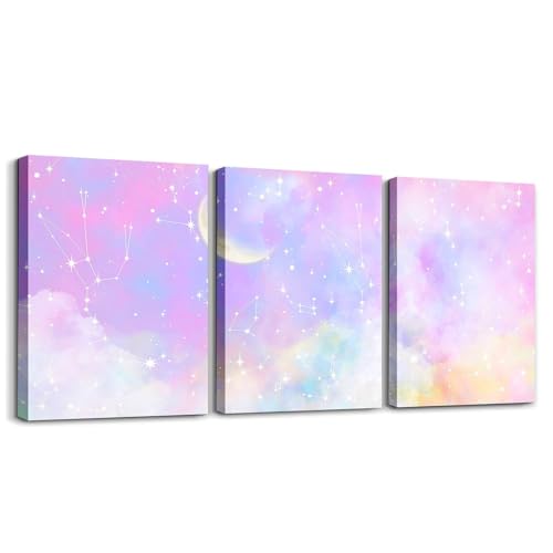Feelyou Purple Pink Galaxy 3 Piece Canvas Wall Art for