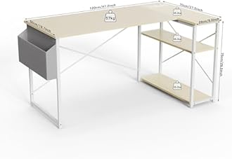 TIQLAB L-Shaped Computer Desk with Power Outlets - Reversible Shelves, 47 Inch Gaming & Study Desk in Beige
