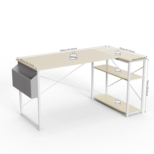 TIQLAB L-Shaped Computer Desk with Power Outlets - Reversible Shelves, 47 Inch Gaming & Study Desk in Beige