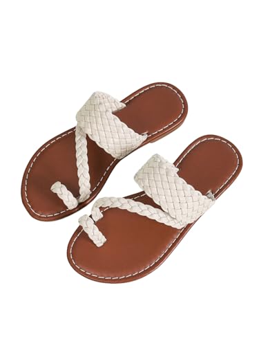 Image of GORGLITTER Girl's Strappy Leather Flats Sandal Cute Braided Dressy Toe Ring Slip on Slide Sandals