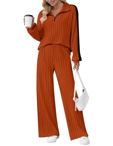 JUSTFASHIONNOW Womens 2 Piece Outfits Ribbed Knit Lounge Sets Cozy Half Zip Sweatsuit Sets Wide Leg Jogger Tracksuits