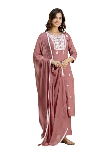 Image of TRENDMALLS Women's Cambric Cotton Embroidery Work Kurta Pant with Dupatta Set