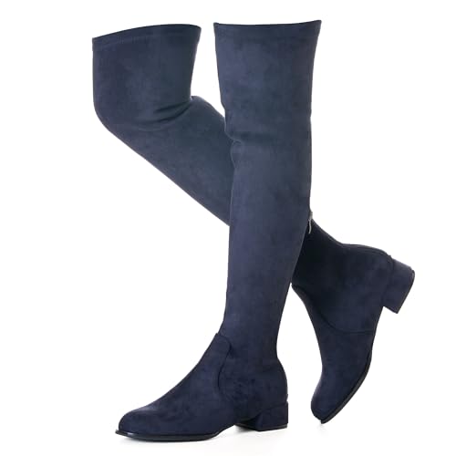 N.N.G Women's Over the Knee Boots, Navy Blue Synthetic Suede, 1 Inch Low Heel, Side Zip, Stretch Material, Classic Style for Office Evening Casual Wear, Size 9