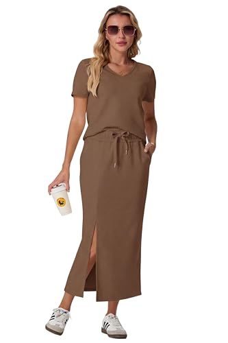 Image of GRECERELLE Women Summer Casual 2 Piece Sets V-Neck Wrinkle-Free Top & Elastic Waist Midi Side Slit Skirt with Pockets