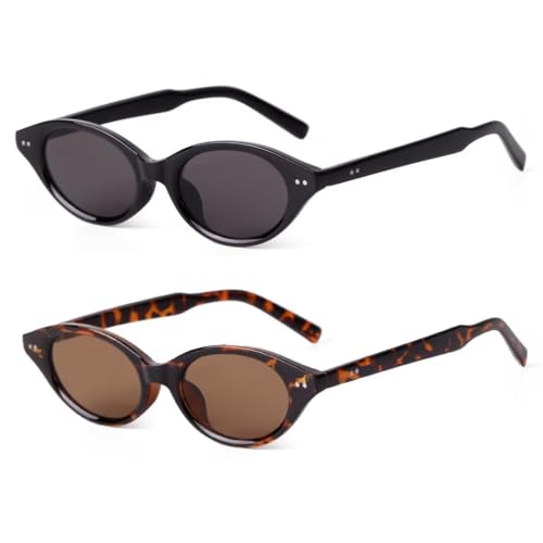 DQbhzh 90s Sunglasses Women Oval Cat Eye Sunglasses for Small Faces Women Men Retro Vintage Trendy Y2K Cateye Designer Cute Sun Glasses UV Protection Shades 2 Pack Black Gray/Tortoise Brown Sunnies by DQbhzh - Used condition - US$10.59