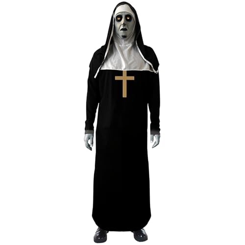 IRWOY Disfraz de monja de Halloween con máscara aterradora: disfraz de monja aterradora para hombres y mujeres, talla grande, disfraz de monja de terror, color negro (M)
