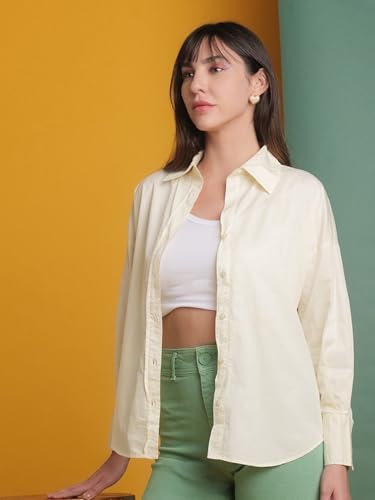 Image of Freehand Women Oversized Solid Oversized Shirt (Cream S)